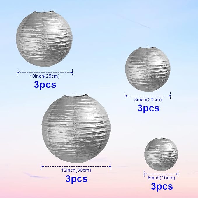 Silver Paper Lanterns 12 Pcs Assorted Size of 6" 8" 10" 12" Chinese Round Paper - Image 2