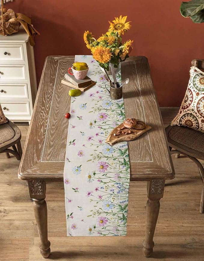 Vintage Wildflowers Cotton Linen Table Runner for Dining Kitchen, Wedding Outdoor Party Tablerunners Decoration, Farm Floral Pink Botanical Plants Dresser Scarf Coffee Tablecloth Runners 13x90 Inches