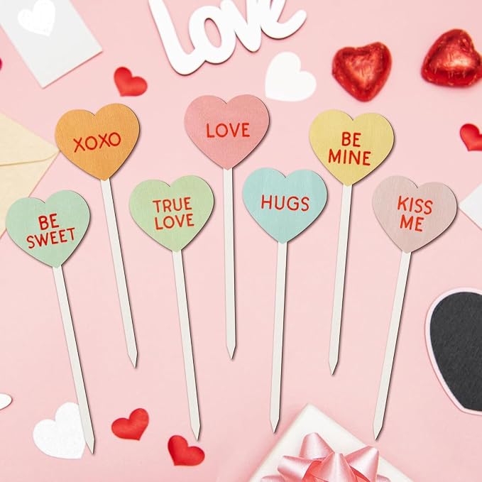 TICIAGA 14PCS Valentine’s Day Decorative Picks Cute Double-Sided Wooden Heart - Image 3