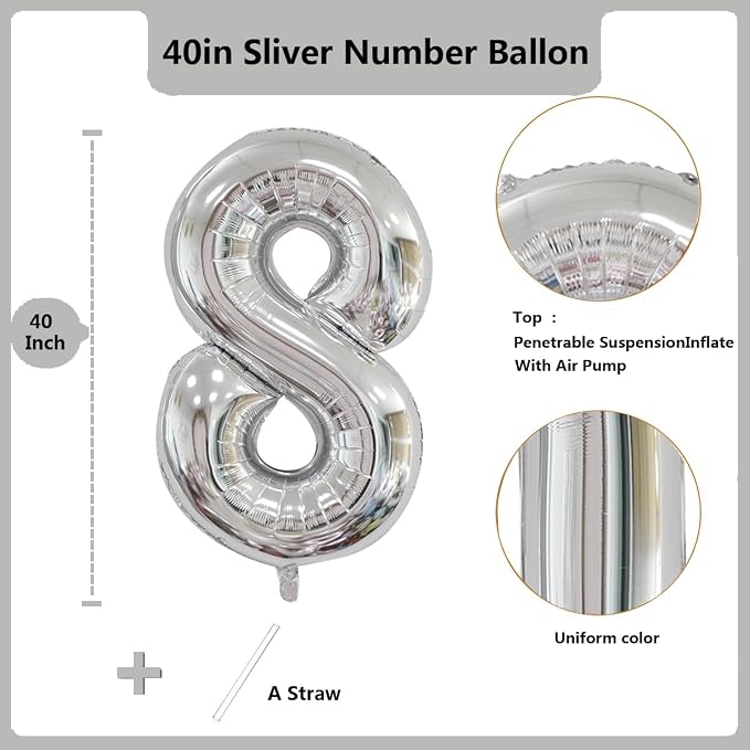 40 inch Silver Number Balloon Giant Foil Helium Balloons Silver Number 8 Balloon - Image 2