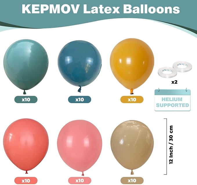 60pcs Boho Rainbow Balloons Assorted Colors Dusty Slate Blue Blush Pink Mustard - Image 4