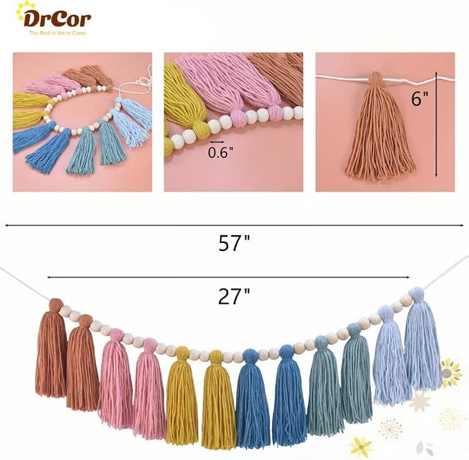 DrCor Boho Rainbow Tassel Garland – Classroom Decor | Earth tone handcrafted - Image 3