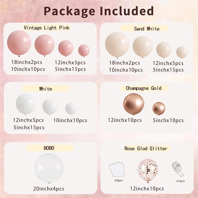 Blush Pink White Beige Gold Balloons arch kit, Party Decor | 128Pcs Retro Blush - Image 2