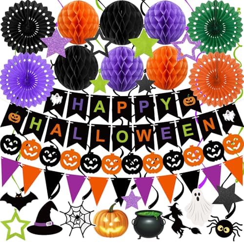 Halloween Party Decorations Happy Halloween Banner Honeycomb Balls Paper Fans Hanging Swirls Triangle Garland for Indoor Home Office Class School Party Supplies by Labrostar