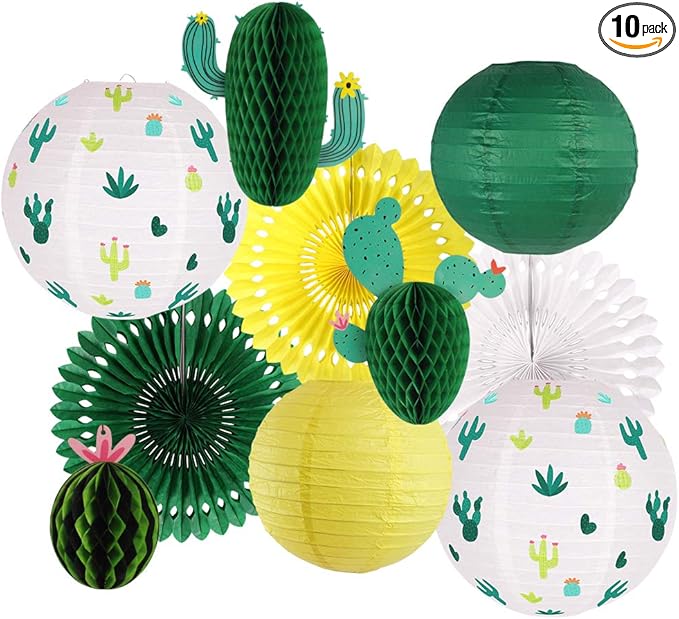 Cactus Party Decorations, Hawaiian Party Supplies Tropical Hanging Paper Lanterns Cactus Honeycomb Tissue Paper Fans for Llama Birthday Luau Party Decorations (Green)