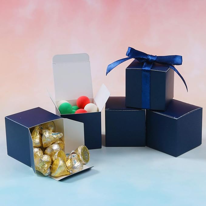 COTOPHER 100pcs Wedding Favor Boxes, Paper Gift Boxes 3x3x3 Inches Small Gift Boxes with Ribbons Small Boxes for Gifts, Crafting, Cupcake, Candy, Bridesmaid Proposal Boxes，Easy Assemble Boxes(Navy)