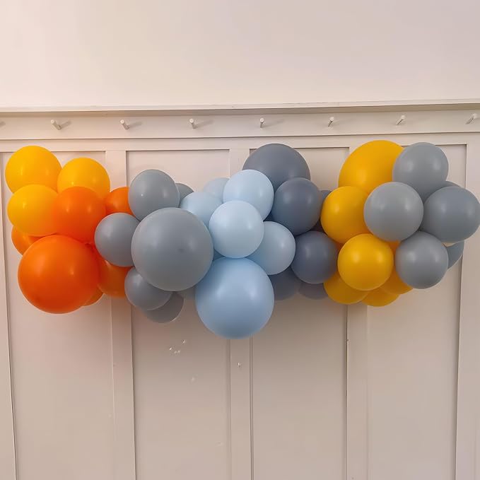 Construction Theme Balloons, 12 inch Orange Yellow Dusty Blue Latex Balloon - Image 3