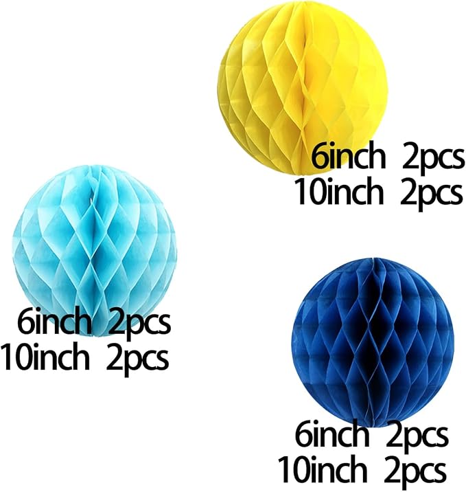 Blue and Yellow Paper Honeycomb Balls, 12 Pack Hanging Tissue Pom poms - Image 4