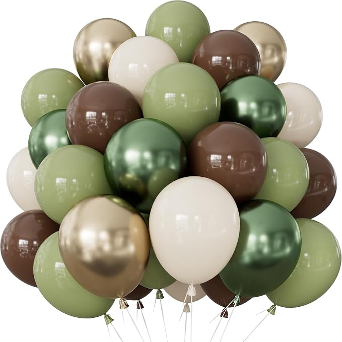 Green and Brown Balloons, Sage Green and Metallic Gold Balloons by Adeyoo