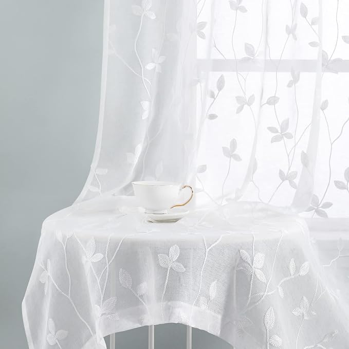 HOMEIDEAS White Sheer Curtains 2 Panels, Embroidered Vine Leaf, W52 x L63 | - Image 7