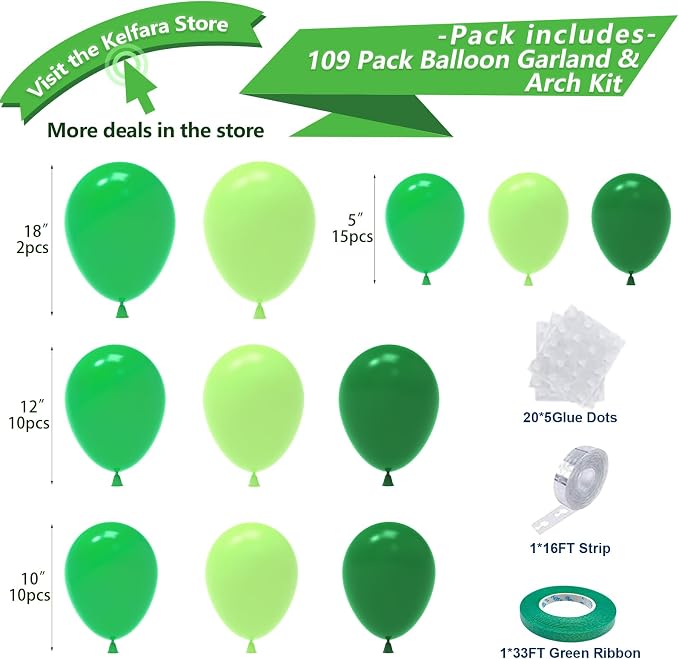 Green Balloon Garland Arch Kit, Kelfara Latex Balloons 109pcs Different Sizes - Image 2