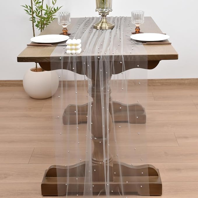 Joanlody Fall Pearl Table Runner 10ft Rustic Boho Tulle Table Runner with Pearls for Baby Shower Wedding Party Veil Dessert Thanksgiving Table Decor Gray