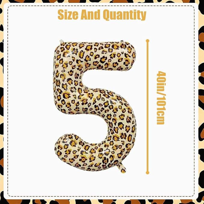 40Inch Large Leopard Print Number 5 Foil Balloons Cheetah 5th Wild One First - Image 2