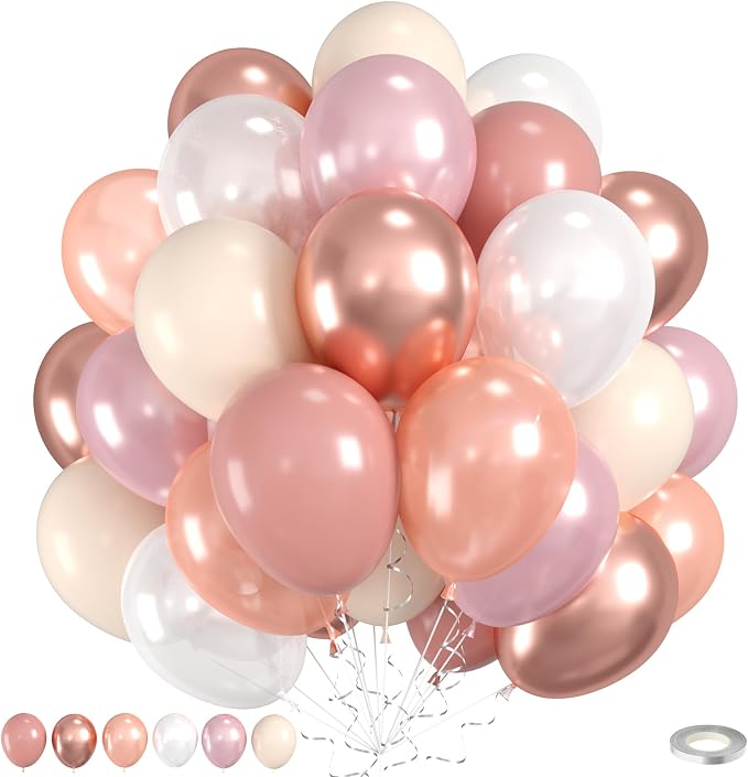 Dusty Pink Balloons, Double Stuffed Beige Balloon Pearl White Metallic Rose by Saxuxu