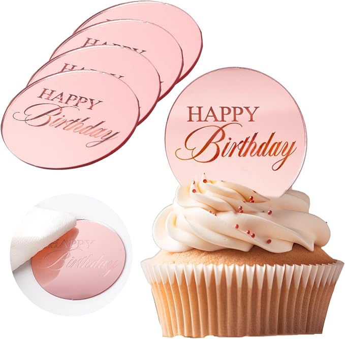 20pcs Pink Birthday Cupcake Toppers Acrylic Cake Picks by Wolpark