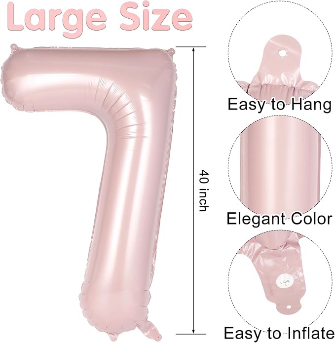 Light Pink Number 7 Balloon, 40 Inch Giant Mylar Number Balloons, Large Foil - Image 2