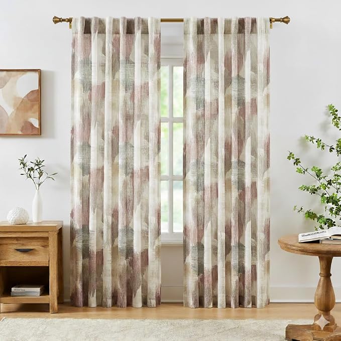 Kayne Studio Red Brown Boho Geo Rod Pocket Semi Sheer Curtains 63 Inch Long | by KayneStudio