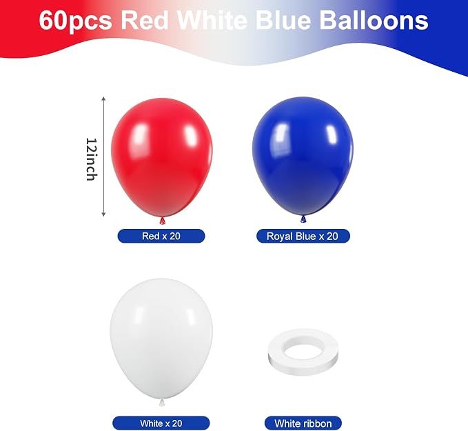 KBZVNAF Red White and Blue Balloons 60 Pack 12 inch | 4th of July Decorations - Image 2
