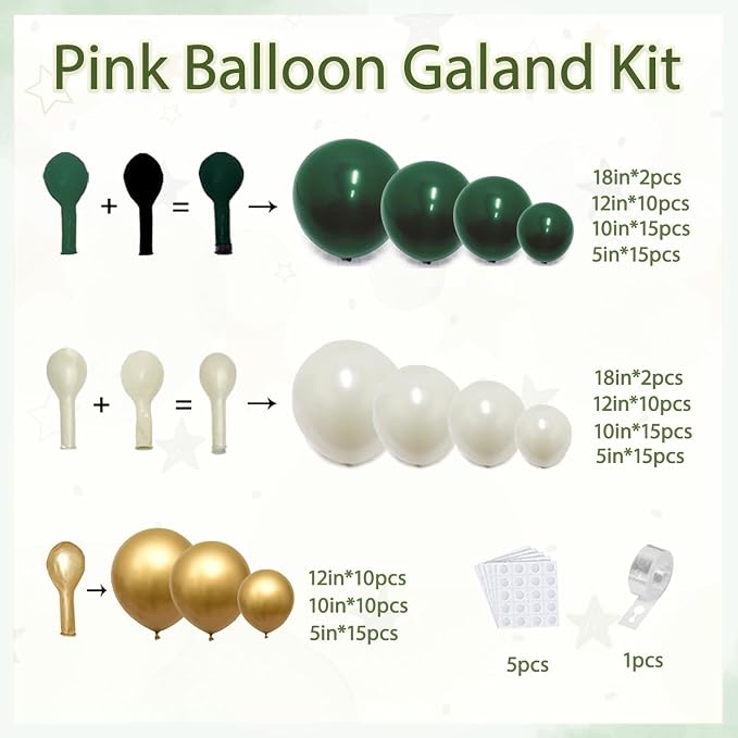Emerald Green White Gold Balloons Arch Kit, Double Stuffed, Party. | - Image 2