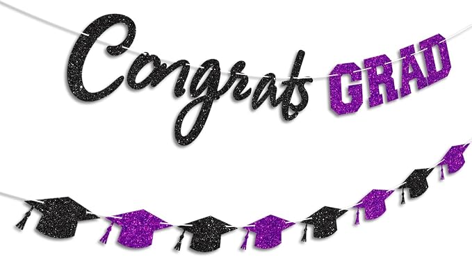 Prestrung Congrats Grad Banner Purple and Black Graduation Banner - Image 2