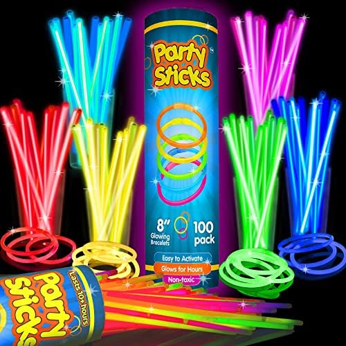 PartySticks Glow Sticks Halloween Party Supplies 100pk - 8 Inch Glow in the Dark Light Up Sticks Party Favors, Glow Party Decorations, Neon Party Glow Necklaces and Glow Bracelets with Connectors by PartySticks
