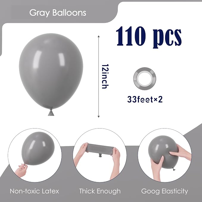 Voircoloria 110pcs Gray Latex Party Balloons, 12inch | - Image 2