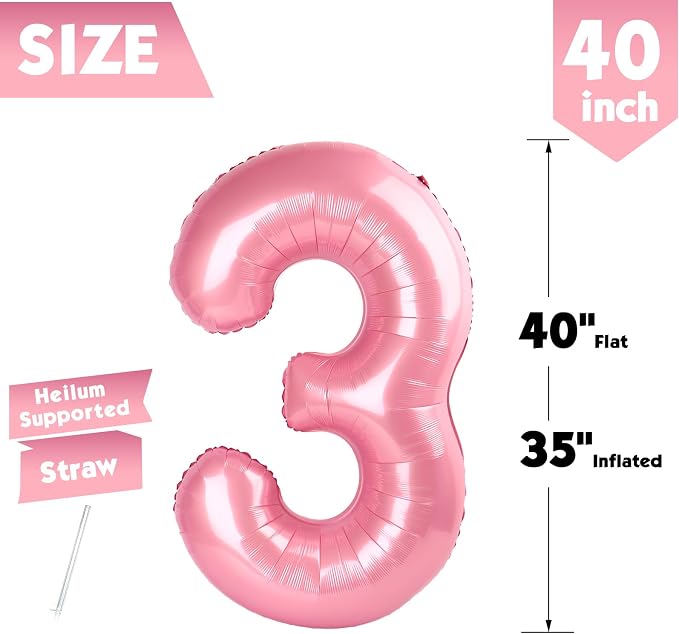 40 Inch Pastel Pink Number 3 Balloon, 3rd Birthday Party Decorations | 40 Inch - Image 5