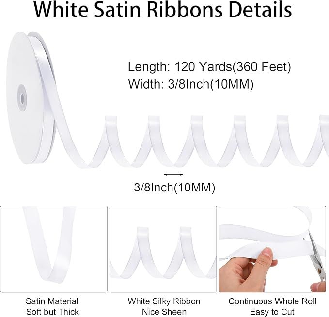woric 120 Yards White Satin Ribbon 3/8 Inch Thin Ribbon | Smooth Satin - Image 2