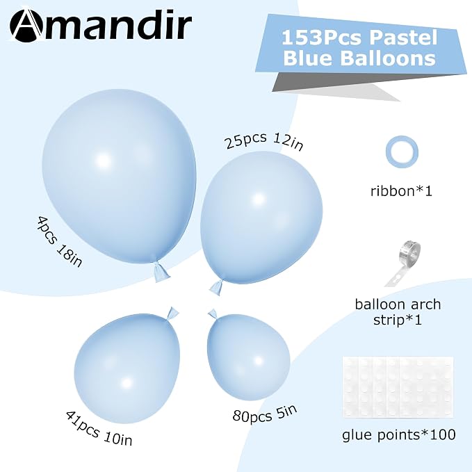 Amandir 153pcs Light Blue Balloons Arch Garland Kit Different Sizes | 18 12 10 - Image 3