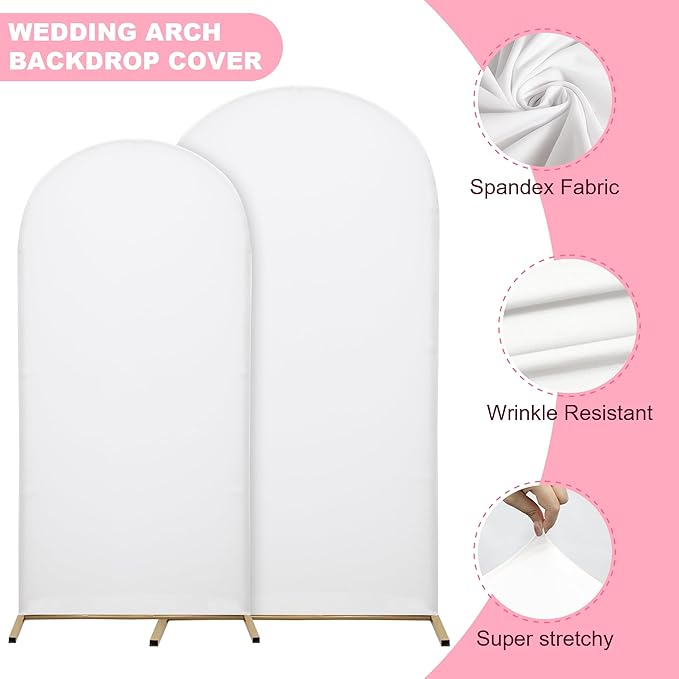 Wedding Arch Covers Arch Backdrop Cover Arch Stand Covers 7.2FT 6.6FT 6FT Set of 3 Arch Cover Spandex Fabric Stretchy Backdrop for Wedding Birthday Party Decoration Baby Shower (White, Cover Only)
