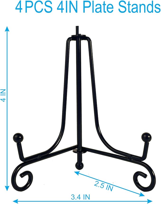 4PCS Premium Black Iron Plate Stands for Display 4 Inch, Decorative Solid Metal Plate Holders for Displaying, Mini Easel, Frame, Book, Card, Plaque, Bowl, Picture Stands for Display