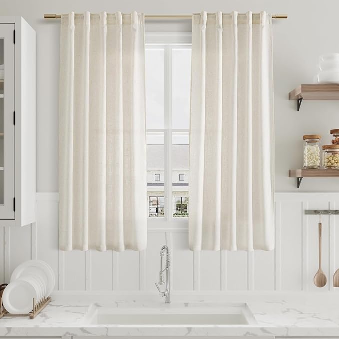 60 Inch Length Linen Curtains Cream Semi Sheer Light Filtering Back Tab and Rod - Image 6