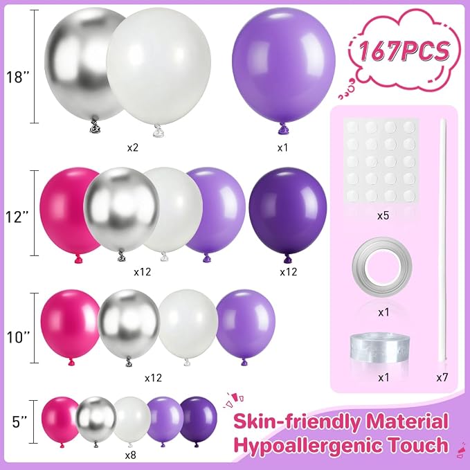 Hot Pink Purple White Silver Balloon Garland Arch Kit - Image 2