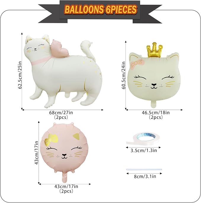 6 Pcs Cat Foil Balloons Giant Cute Pet Cat Balloons Crown Kitty Cat Head - Image 2
