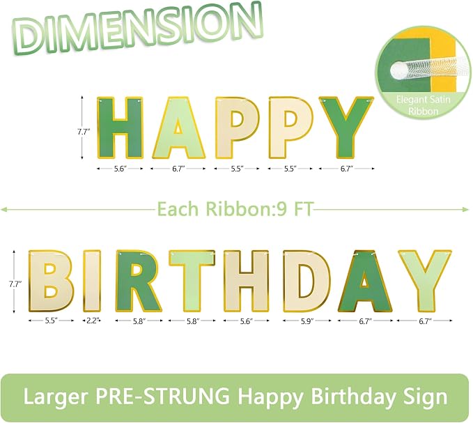 Pre-Strung Happy Birthday Banner Sage Green Party Decorations | adjustable cord - Image 2
