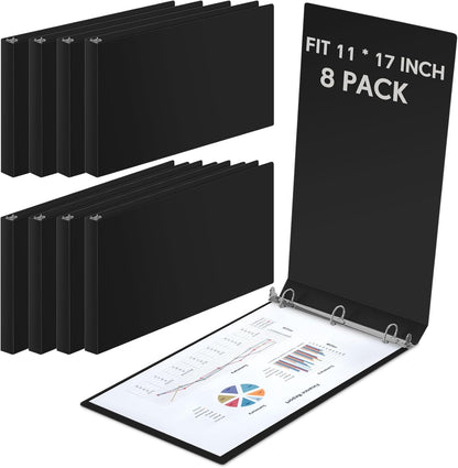 8 Pcs 11 x 17 Inch 3 Ring Binders 1 Inch Rings Heavy Duty View D Ring Binders Economy Holds 11" x 17" Paper for Artwork Blueprints, Office, Home, Work Places(Black)