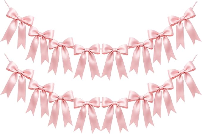 2 Strings of 16PCS Pink Bow Garland Banner Decoration, Pre-Strung Satin Ribbon by Unknown