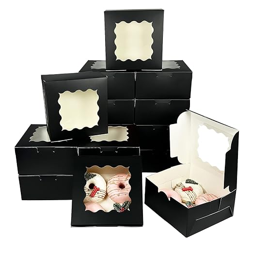 Bakepacker 100pcs Black Cookie Boxes 6x6x3 inches Easy Assemble Macaroon Pastry Boxes Bakery Boxes with Window for Bakery