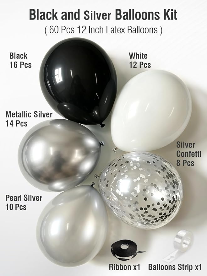 Black and Silver Balloons 12 Inch 60 Pcs Metallic Silver Pearl Silver Black - Image 3