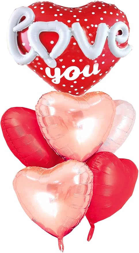 Red Heart Shape Rose Gold Love You Balloons Pack Of 6 Foil Helium Mylar Balloons by DDywarm