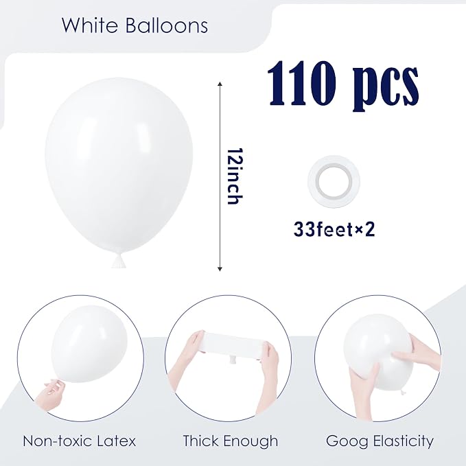 Voircoloria 110pcs White Latex Party Balloons, 12inch | - Image 2