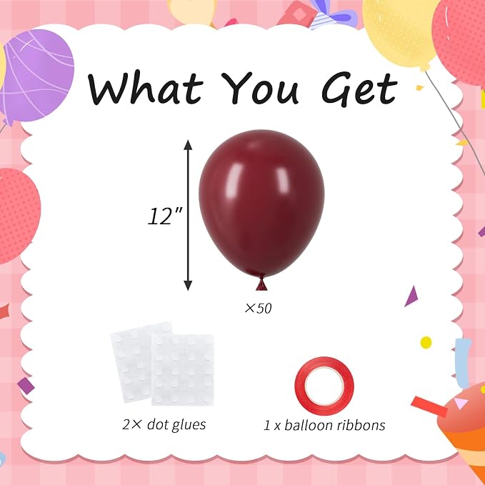 50pcs 12 Inch Burgundy Latex Party Balloons | Premium Maroon Balloons - Image 4