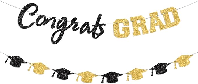 Prestrung Congrats Grad Banner Black and Gold Graduation Banner by Blopee
