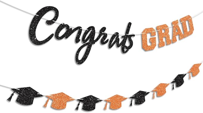 Prestrung Congrats Grad Banner Orange and Black Graduation Banner - Image 2