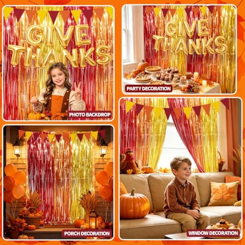 Thanksgiving Decorations, 2Pack Thanksgiving Foil Fringe Backdrop Curtains with GIVE THANKS Balloons for Thanks Giving Fall Party Decoration Wall Decor Photo Booth Props Fall Streamers, 3.3 x 6.6ft - Image 7