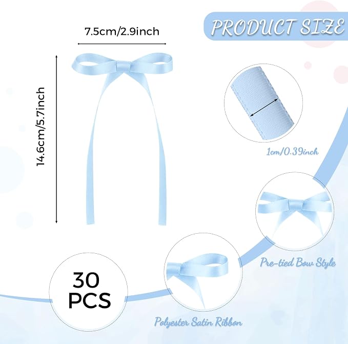 30 Pack Bow Cake Toppers Light Blue Ribbons Bows - Image 2