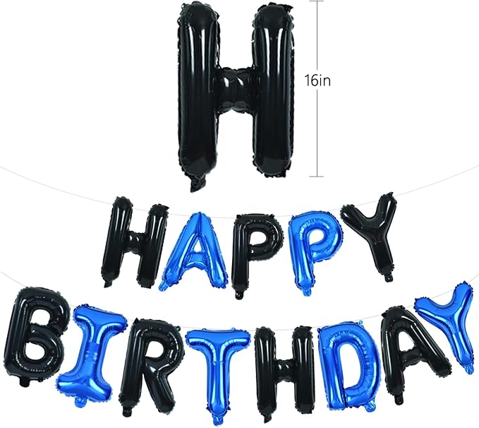 TONIFUL 16 Inch Black Blue Happy Birthday Balloons Banner Decor - Image 2