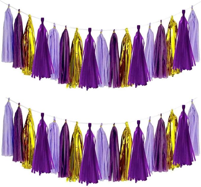 AIM & GGKK Purple and Gold Tassel Garland Banner Tissue Paper Tassels by AIMGGKK