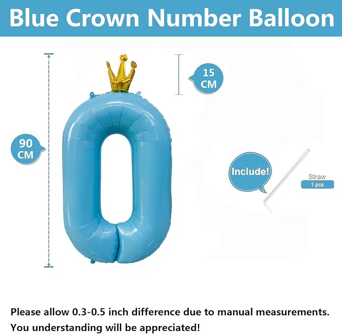Blue Number 0 Balloon with Crown, 40 inch Blue Number Balloon 0th Birthday - Image 2