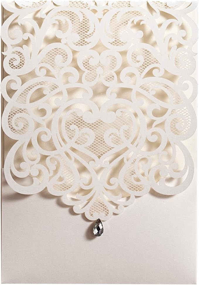 Hosmsua 50PCS Personalized Wedding Invitations Kit 5.12 x 7.3 Laser Cut Hollow Rose Rhinestone Pocket with Envelope for Wedding Quinceanera Invite (White Ivory)